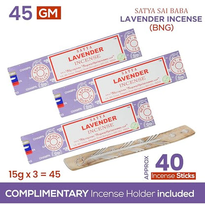 Satya Lavender Incense Sticks, Satya Bng (Bangalore) Insenses 15gmx3 Pack (45 GMS) with Raajsee Incense Holder Bundle, Satya Nagchampa Natural Incense - color: Lavender
