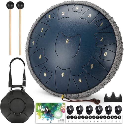 Steel Tongue Drum 6 Inch 8 Notes, Rain Drum for Outdoor Garden, Easy-Play Percussion Instrument, Unique Gift for Music Lovers, with Mallets, Carry Bag & Music Book (Deep Blue, 14 Inch 15 Notes) - color: Deep Blue, size: 14 Inch 15 Notes