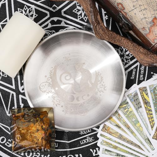 CREATCABIN Cat Moon Altar Ritual Plate Dish Stainless Steel Flat Bowl Round Silvery Tray Offering Bowl Dish Holder for Smudging Incense Burner Jewelry Dowsing Divination 5.55Inch - style: Cat Moon