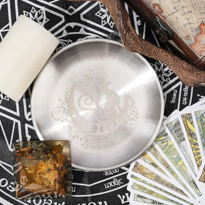 CREATCABIN Cat Moon Altar Ritual Plate Dish Stainless Steel Flat Bowl Round Silvery Tray Offering Bowl Dish Holder for Smudging Incense Burner Jewelry Dowsing Divination 5.55Inch - style: Cat Moon