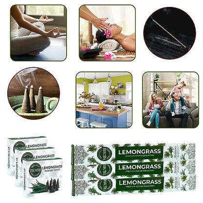 Lemongrass Incense Sticks & Incense Cones Combo Pack - 60 Insence-Sticks + 30 Insence Cones - Inscense - Incense Cones Scented - Insents - color: Lemongrass