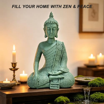 Resin Cyan Sitting Buddha, Buddhism Style Decor and Zen Shelf Aesthetic - color: Cyan