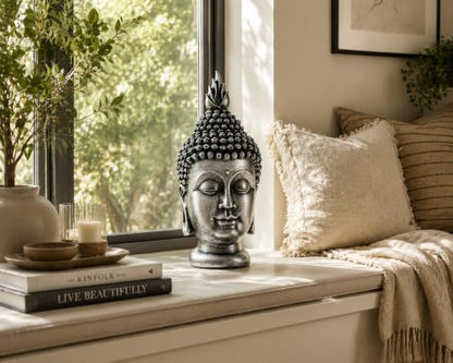 11 Inch Metallic Silver Buddha Head Statue - color: Metallic Silver