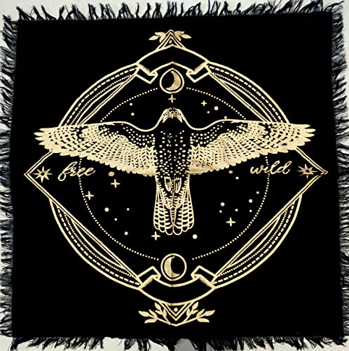 Altar Cloth Tarot Cards Table Napkins Witchcraft Supplies Black Gold Tablecloth Square Alter Pagan Spiritual Celestial Deck with Fringes 18 by 18 Sacred Table Tapestry Cloth Golden Owl - color: Golden Owl, size: 18" x 18" (Square)