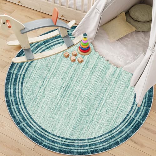 Lahome Amabel Abstract Round Rug 6 ft for Living Room, Ultra Thin Washable Soft Circle Bedroom Area Rug, Teal Printed Minimalist Boder Indoor Circular Carpet for Office Dining Room Under Table - color: Teal Border/White, size: 6' (Round)