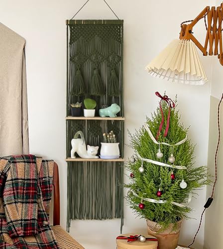 Flber Hanging Shelf Macrame Wall Hanging Green Boho Shelfs Tassels Floating - color: Green1