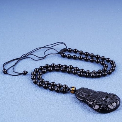 ASGIFT Black Obsidian Necklace Lucky Amulet Protection Pendant with Extended Bead Chain Healing Crystal Stone Talisman Necklaces Jewelry - color: GuanYin