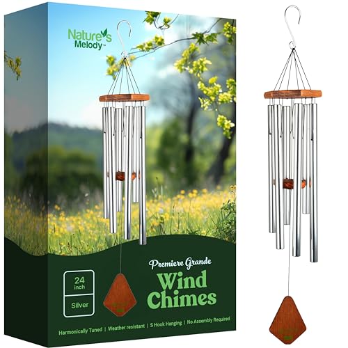 Nature’s Melody Premiere Grande Tunes Wind Chimes – Outdoor Windchime with 6 Tubes Tuned to E Pentatonic Scale, Rustproof Aluminum, Beech Wood & S Hook Hanger for Sympathy, Memorial Gift or Zen Garden - color: Silver, size: 24"