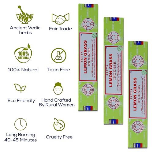 Satya Nagchampa Lemon Grass Incense Sticks, Satya Bng (Bangalore) Insenses 15gmx3 Pack (45 GMS) with Raajsee Incense Holder Bundle, Satya Nagchampa Natural Incense - color: Lemon Grass