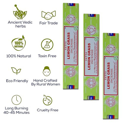 Satya Nagchampa Lemon Grass Incense Sticks, Satya Bng (Bangalore) Insenses 15gmx3 Pack (45 GMS) with Raajsee Incense Holder Bundle, Satya Nagchampa Natural Incense - color: Lemon Grass