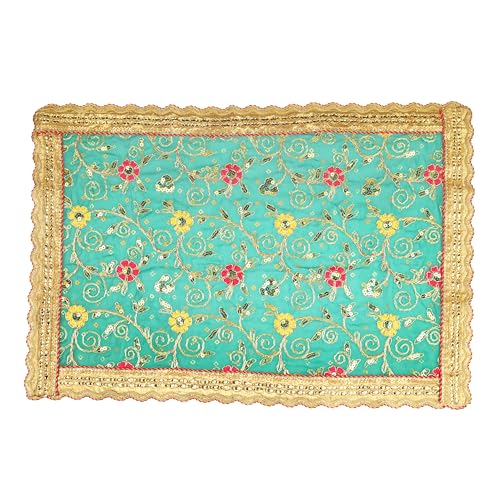 Decorative Mat Aasan Cloth Chunari Puja Chunar Silk Cloth (Size:- 21 Inch x 15 Inch) Aasan Mat for Indian Traditional Cultural Navratri Festival Decor Statue Frame Idol Temple Home Decor(Green)