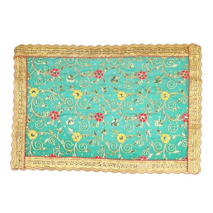 Decorative Mat Aasan Cloth Chunari Puja Chunar Silk Cloth (Size:- 21 Inch x 15 Inch) Aasan Mat for Indian Traditional Cultural Navratri Festival Decor Statue Frame Idol Temple Home Decor(Green)