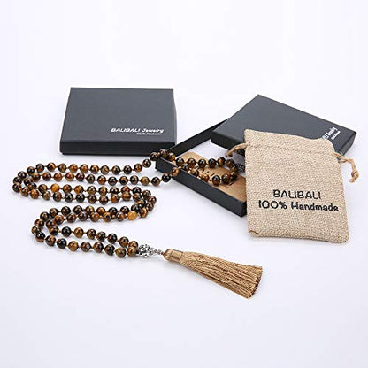 108 Mala Beads Semi-Precious Gem Stones Meditation Necklace - color: Natural Tiger Eye