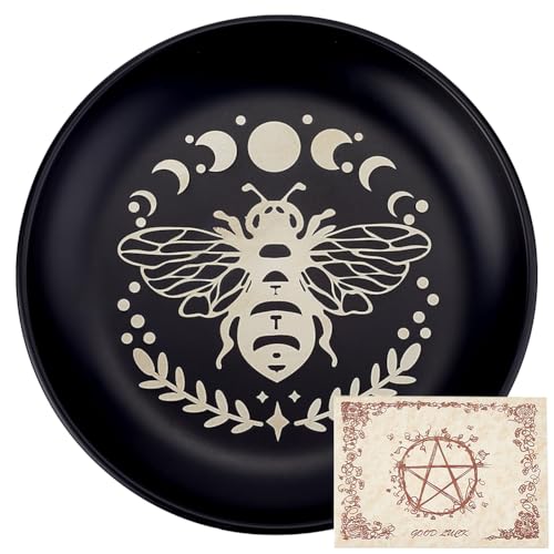 CREATCABIN Bees Phase Moon Ritual Plate Altar Flat Bowl Round Tray Prayer Offering Bowl Dish Candle Holder with Divination Card Jewelry Dish for Smudging Incense Burner Meditation Tarot 5.55Inch - style: Bees