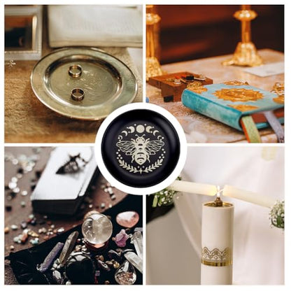CREATCABIN Bees Phase Moon Ritual Plate Altar Flat Bowl Round Tray Prayer Offering Bowl Dish Candle Holder with Divination Card Jewelry Dish for Smudging Incense Burner Meditation Tarot 5.55Inch - style: Bees
