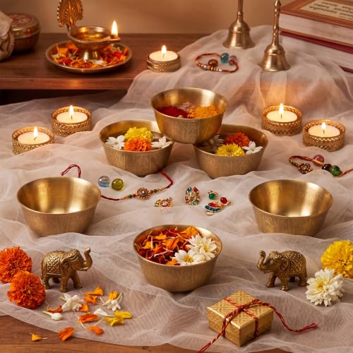 6 Pcs Copper Offering Bowls Pooja Return Gifts 3 '' Indian Brass Puja Bowls Religious Festival Supplies for Diwali Mandir Altar, Yoga Meditation, Incense Burner, Ritual Use Housewarming Gift
