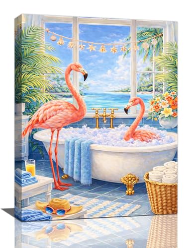 Lovira Bathroom Flamingo Wall Art Pink Flamingo in Bathtub Wall Decor Coastal Canvas Painting for Bathroom Toilet 20"x24" - color: Bathroom Flamingo, size: 24"L x 20"W