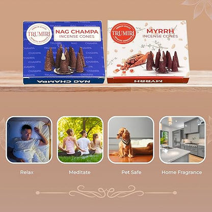 TRUMIRI Incense Cones - Combo Pack of 20 Cone Incense - 10 Myrrh + 10 Nag Champa - Insence Cones - Incense Cones Scented - Cone Incense Scents - Insense Cones - Incent Cone - color: Nag Champa Myrrh