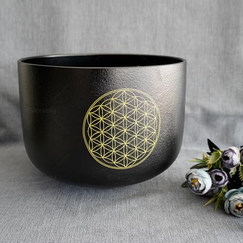 8"B 10"F 12"C Set of 3 Life of Flower Black Singing Bowls Frosted Chakra Quartz Sound Healing Crystal with 1 Mallet Suede 1 Striker 3 O-rings - size: 8"B 10"F 12"C