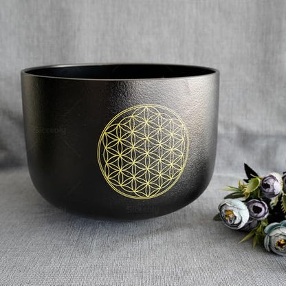8"B 10"F 12"C Set of 3 Life of Flower Black Singing Bowls Frosted Chakra Quartz Sound Healing Crystal with 1 Mallet Suede 1 Striker 3 O-rings - size: 8"B 10"F 12"C