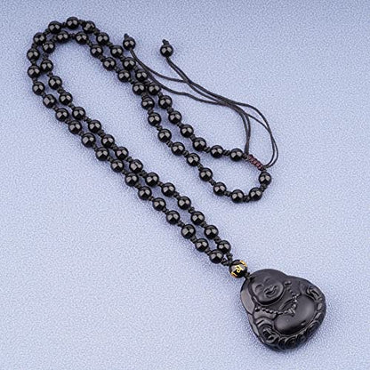 ASGIFT Black Obsidian Necklace Lucky Amulet Protection Pendant with Extended Bead Chain Healing Crystal Stone Talisman Necklaces Jewelry - color: MaitreyaD