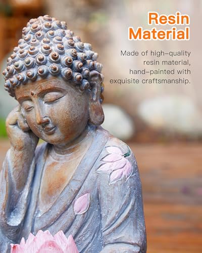 Buddha Statue Outdoor with Lotus Flower Light, IP65 Waterproof Solar Statue Lights, Outdoor Statues for Garden, Zen Decor for Garden, Home, Patio, Lawn