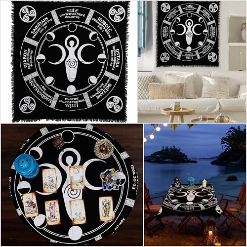 Indian Consigners Triple Moon Altar Cloth – Wiccan Sabbat Wheel with Moon Phases – Celestial Black Cotton Tarot Table Cover for Pagan Rituals, Witchcraft & Sacred Space - color: Black-silver, size: 24" x 24" (Square)