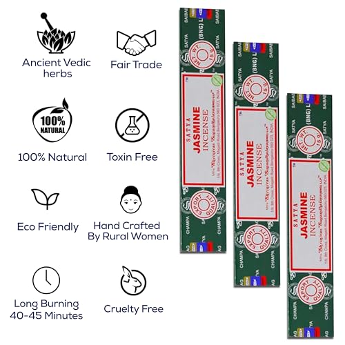 Satya Nagchampa Jasmine Incense Sticks, Satya Bng (Bangalore) Insenses 15gmx3 Pack (45 GMS) with Raajsee Incense Holder Bundle, Satya Nagchampa Natural Incense - color: Jasmine
