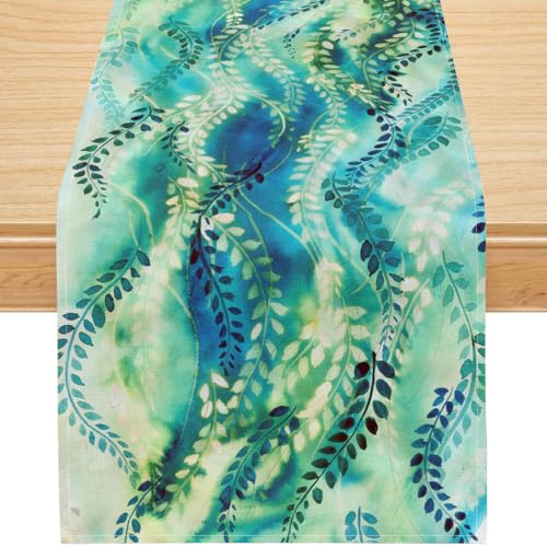 Watercolor Branch Table Runner,Spring Botanical Coastal Blue Green Leaf Dresser Scarf Kitchen Dining Party Decor,13x36 Inch - color: Green Spring, size: 13x36inch