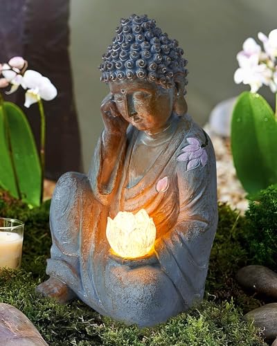 Buddha Statue Outdoor with Lotus Flower Light, IP65 Waterproof Solar Statue Lights, Outdoor Statues for Garden, Zen Decor for Garden, Home, Patio, Lawn