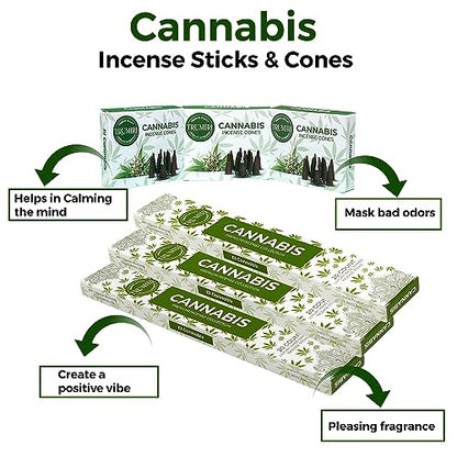 Cannabis Scented Incense Sticks & Incense Cones Combo Pack - 60 Insence-Sticks + 30 Insence Cones - Inscense - Incense Cones Scented - Insents - color: Cannabis
