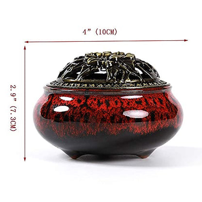 Incense Burner with Calabash Incense Stick Holder - Porcelain Charcoal Censer for Use with Resin Granular Powder Cone or Coil Incense (Fambe Red) - color: Fambe Red