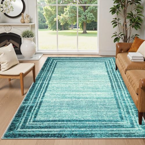 Lahome Amabel Modern Abstract 6x9 Area Rugs for Living Room, Washable Teal Bedroom Rug 6x9 Non Shedding, Low-Pile Soft Minimalist Bordered Indoor Large Carpet for Dining Room Playroom - color: Teal Border/White, size: 6' x 9' (Rectangular)