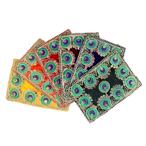 Set of 6 Mat Aasan Pooja Cloth God Idol Puja Temple Altar Cloth (6"X4") - color: Red, Yellow, Blue, Green, Brown and Orange