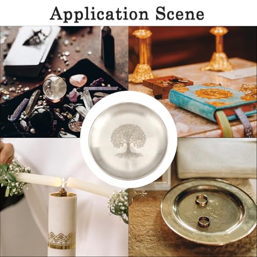 CREATCABIN Tree of Life Altar Ritual Plate Dish Stainless Steel Flat Bowl Silver Jewelry Tray Round Tarot Offering Bowl Dish Candle Trinket Holder for Incense Burner Dowsing Divination 5.55Inch - style: Silver Tree of Life