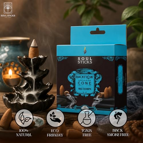 Soul Sticks Backflow Incense Cones – 40 Handmade Organic Cones for Waterfall Burner | 4 Pack Long Lasting Aromatic Scents | Thick White Smoke Incense for Meditation, Yoga & Gifts (Nag Champa) - color: Nag Champa