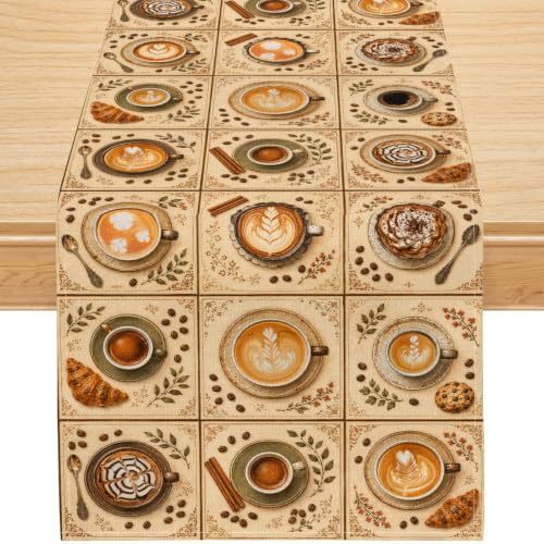 Coffee Print Table Runner,Modern Art Coffee Cup Table Dresser Scarves for Theme Party Kitchen Dining Room Table Decor,13x36 Inch - color: Coffee Print, size: 13x36inch