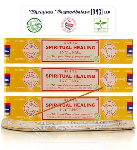 Satya Spiritual Healing Incense Sticks, Satya Bng (Bangalore) Insenses 15gmx3 Pack with Raajsee Incense Holder Bundle, Satya Nagchampa Natural Incense - color: Spiritual Healing
