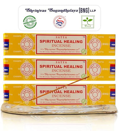Satya Spiritual Healing Incense Sticks, Satya Bng (Bangalore) Insenses 15gmx3 Pack with Raajsee Incense Holder Bundle, Satya Nagchampa Natural Incense - color: Spiritual Healing