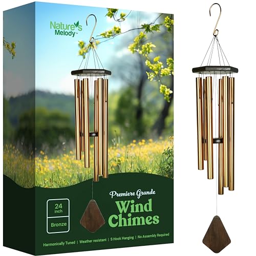 Nature’s Melody Premiere Grande Tunes Wind Chimes – Outdoor Windchime with 6 Tubes Tuned to E Pentatonic Scale, Rustproof Aluminum, Beech Wood & S Hook Hanger for Sympathy, Memorial Gift or Zen Garden - color: Bronze, size: 24"