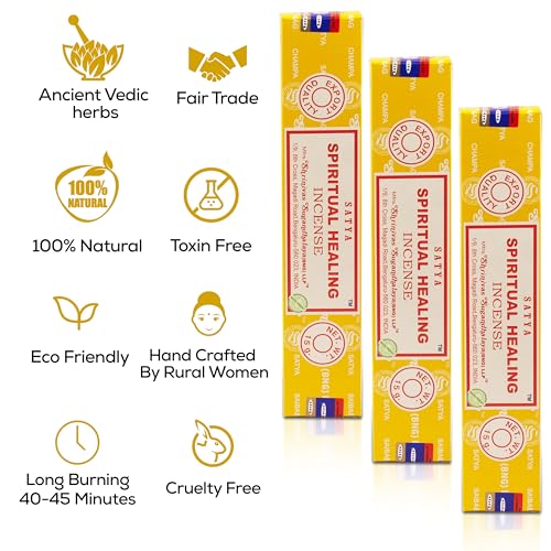 Satya Spiritual Healing Incense Sticks, Satya Bng (Bangalore) Insenses 15gmx3 Pack with Raajsee Incense Holder Bundle, Satya Nagchampa Natural Incense - color: Spiritual Healing