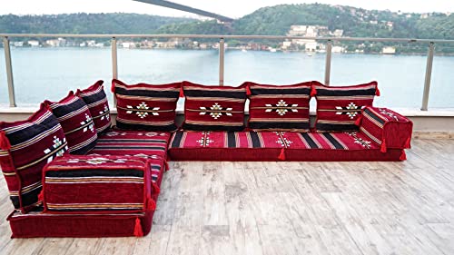 arabicsofa Traditional L Shaped Floor Cushions – Modular Majlis Seating with Washable Covers - color: Burgundy, size: 4'' Thickness Sofa, style: L Sofa Only