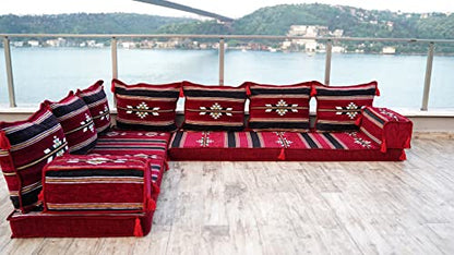 arabicsofa Traditional L Shaped Floor Cushions – Modular Majlis Seating with Washable Covers - color: Burgundy, size: 4'' Thickness Sofa, style: L Sofa Only