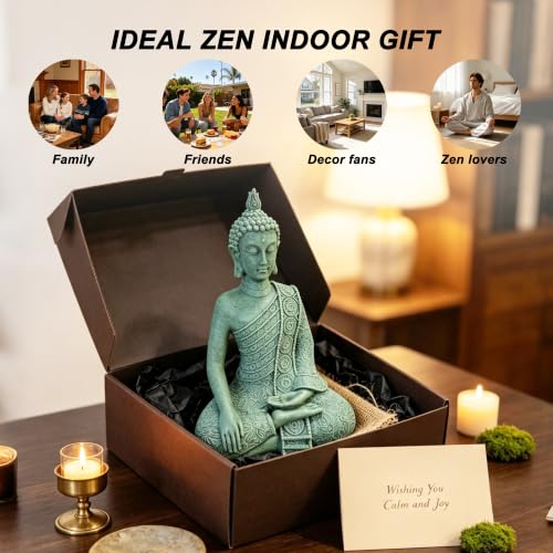 Resin Cyan Sitting Buddha, Buddhism Style Decor and Zen Shelf Aesthetic - color: Cyan