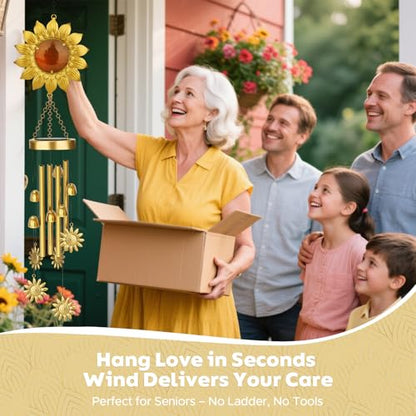 JYPS Solar Wind Chimes with Sunflower LED Lights, 42-Inch Large Waterproof Outdoor Garden Decor for Patio Yard, Unique Gifts for Women Mom Grandma, Mother's Day Christmas Birthday Easy-Install Design