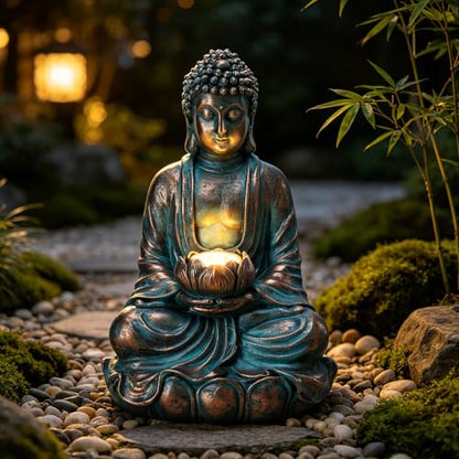 Bshine Buddha Statue Outdoor Solar Light with Lotus Lamp, Zen Garden Decor