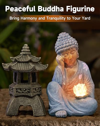 Buddha Statue Outdoor with Lotus Flower Light, IP65 Waterproof Solar Statue Lights, Outdoor Statues for Garden, Zen Decor for Garden, Home, Patio, Lawn