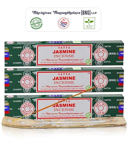 Satya Nagchampa Jasmine Incense Sticks, Satya Bng (Bangalore) Insenses 15gmx3 Pack (45 GMS) with Raajsee Incense Holder Bundle, Satya Nagchampa Natural Incense - color: Jasmine