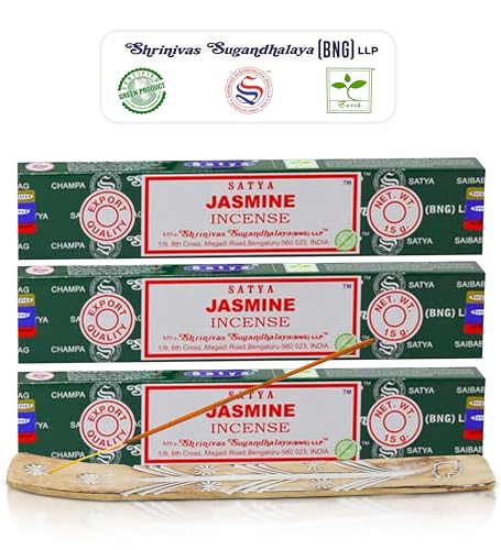 Satya Nagchampa Jasmine Incense Sticks, Satya Bng (Bangalore) Insenses 15gmx3 Pack (45 GMS) with Raajsee Incense Holder Bundle, Satya Nagchampa Natural Incense - color: Jasmine