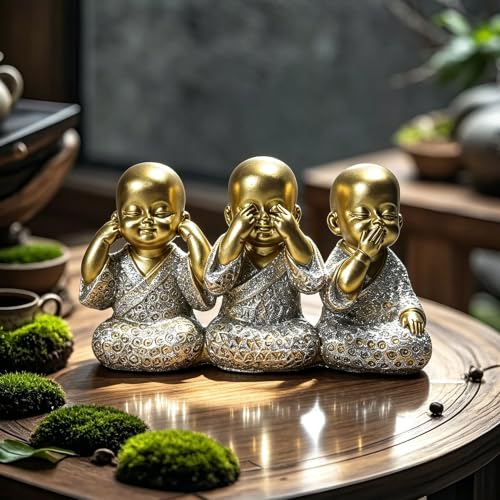 Golden Monks Resin Buddha Statue Small, Meditation Room Feng Shui Decor - color: Golden Three Wise Buddha Statue